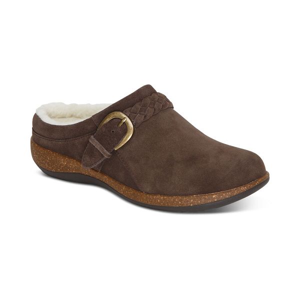 Aetrex Women's Libby Fleece With Arch Support Clogs Brown Shoes UK 6635-067